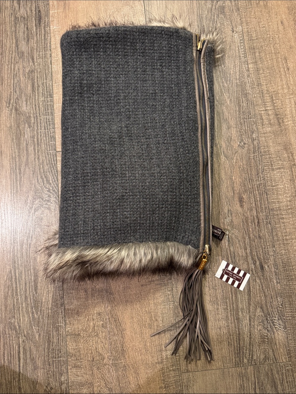 henri bendel Brown Faux Fur & Cashmere Reversible Collar with Tassel Zip Pull - Picture 12 of 14